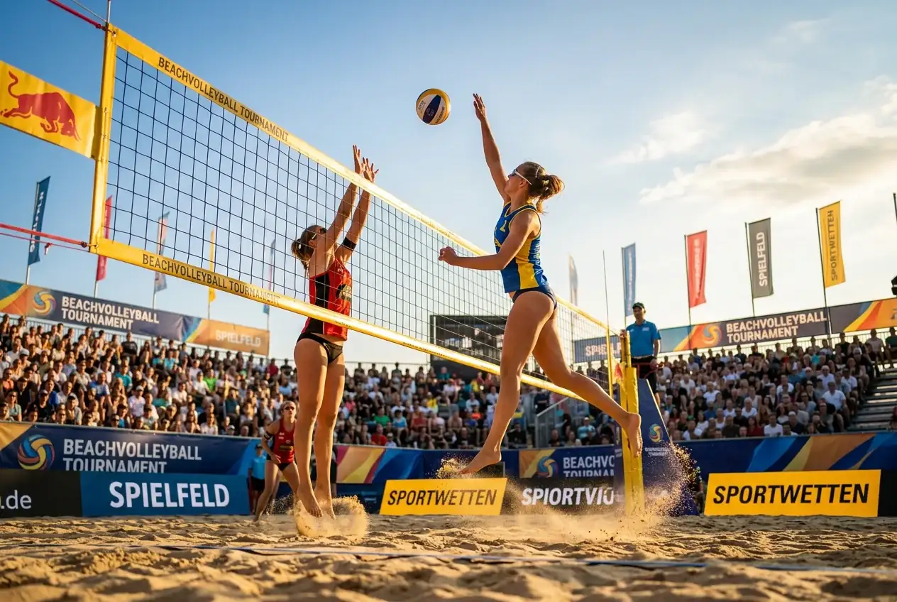 Beach Volleyball Wetten — zwei Spieler am Netz bei einem professionellen Beachvolleyball-Turnier im Sand